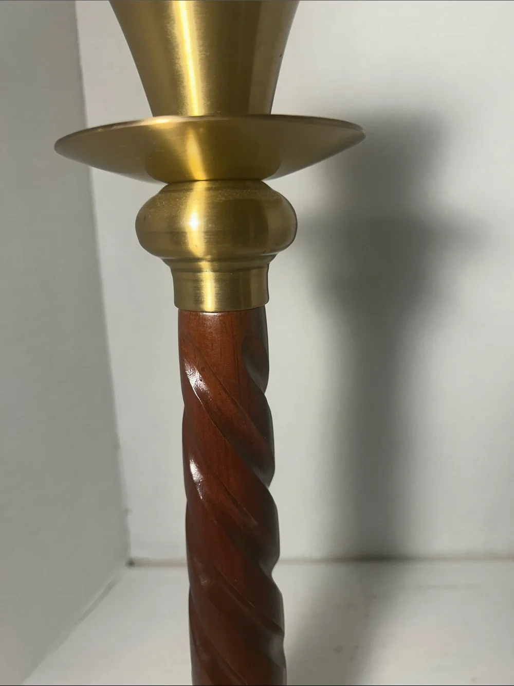 Brass and Wood Spiral Candlestick Holder - Gold and Brown